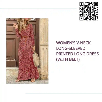 Women&#039;s V-neck long-sleeved Printed Long Dress (with belt) by@Outfy