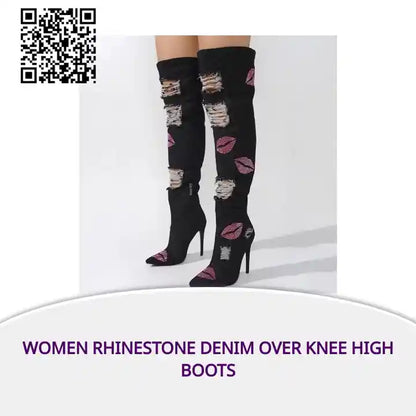 Women Rhinestone Denim Over Knee High Boots by@Outfy