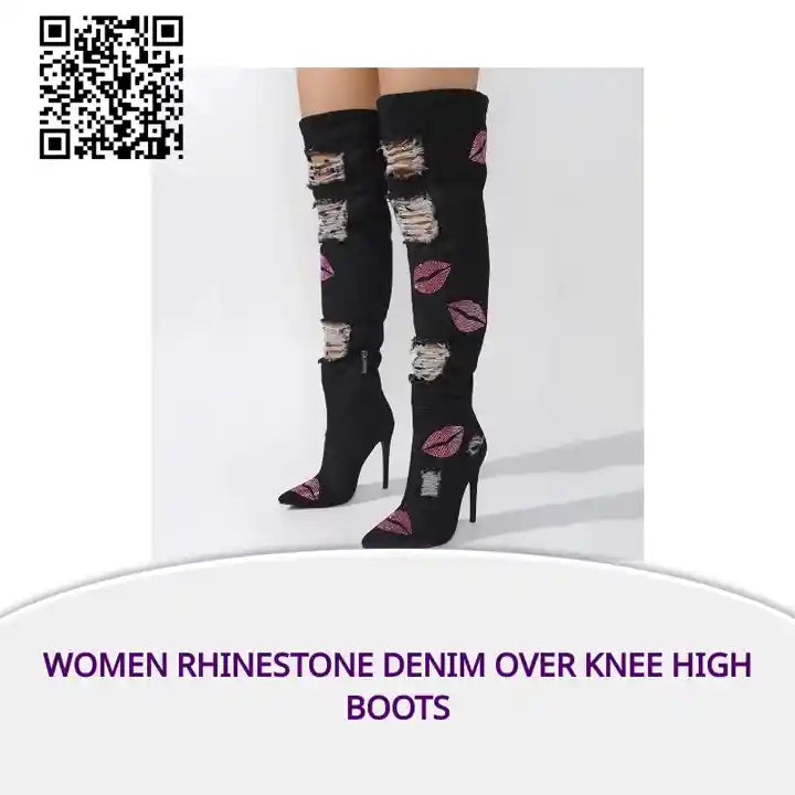 Women Rhinestone Denim Over Knee High Boots by@Outfy