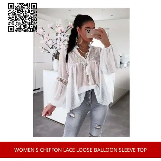 Women&#039;s Chiffon Lace Loose Balloon Sleeve Top by@Outfy