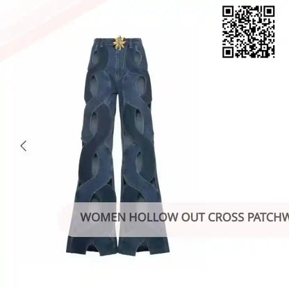 Women Hollow Out Cross Patchwork Jeans by@Outfy