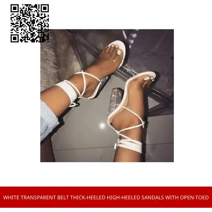 White Transparent Belt Thick-heeled High-heeled Sandals with Open-toed by@Outfy