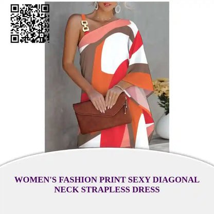 Women&#039;s Fashion Print Sexy Diagonal Neck Strapless Dress by@Outfy