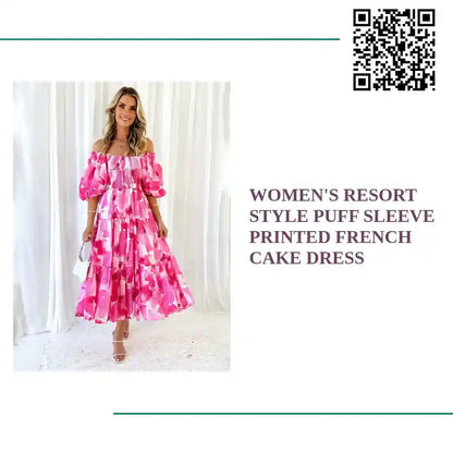 Women&#039;s Resort Style Puff Sleeve Printed French Cake Dress by@Outfy