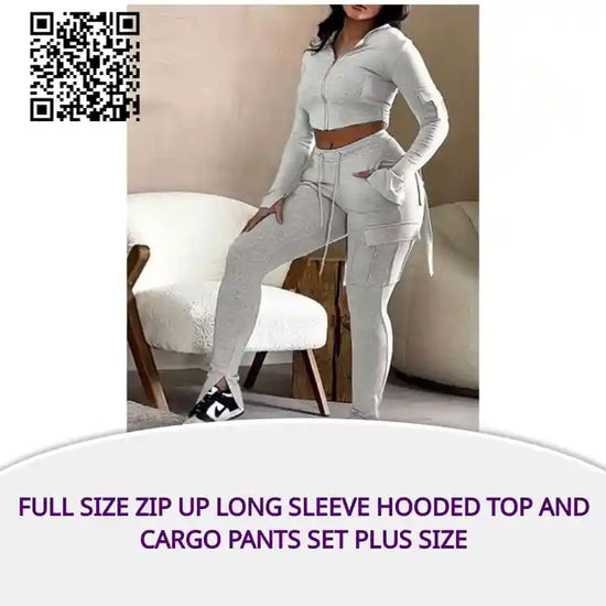 Full Size Zip Up Long Sleeve Hooded Top and Cargo Pants Set Plus Size by@Outfy