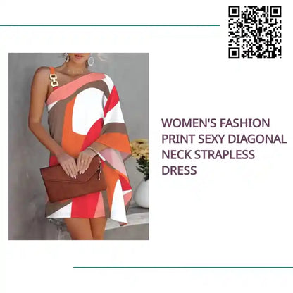 Women&#039;s Fashion Print Sexy Diagonal Neck Strapless Dress by@Outfy