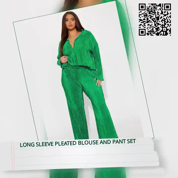 Long Sleeve Pleated Blouse And Pant Set by@Outfy