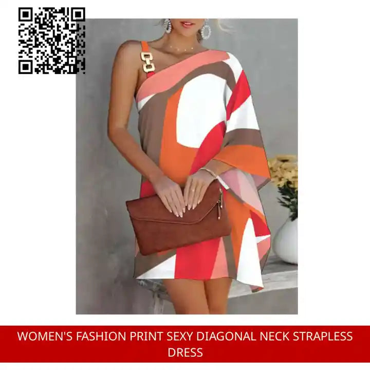 Women&#039;s Fashion Print Sexy Diagonal Neck Strapless Dress by@Outfy
