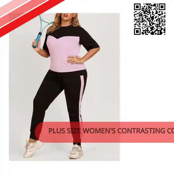 Plus Size Women's Contrasting Color Round Neck Top Elastic Waist Trousers Loose Casual Sports Suit by@Outfy