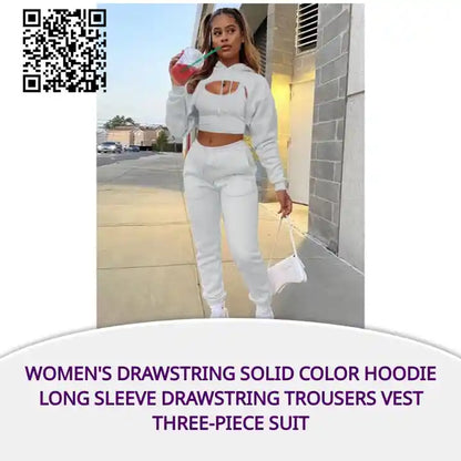 Women's Drawstring Solid Color Hoodie Long Sleeve Drawstring Trousers Vest Three-Piece Suit by@Outfy