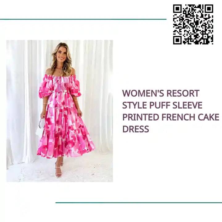 Women&#039;s Resort Style Puff Sleeve Printed French Cake Dress by@Outfy