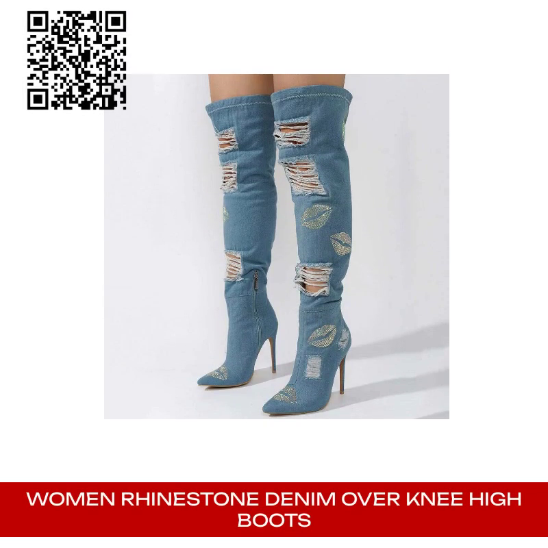 Women Rhinestone Denim Over Knee High Boots by@Outfy