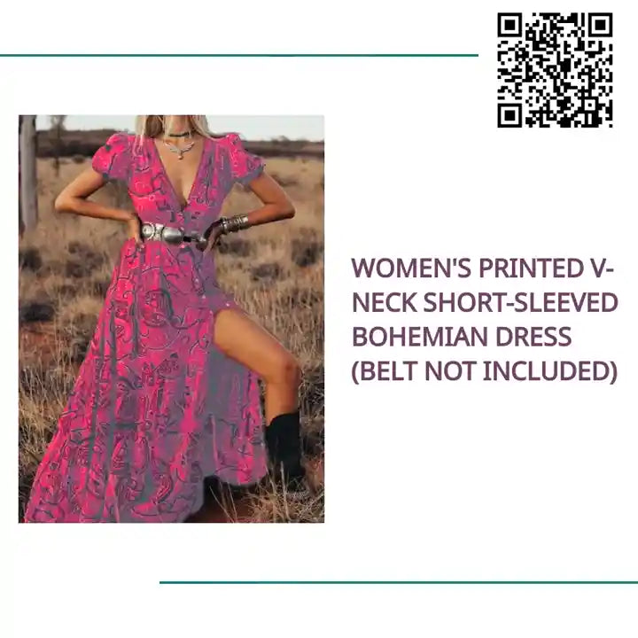 Women&#039;s Printed V-neck Short-sleeved Bohemian Dress (belt not included) by@Outfy