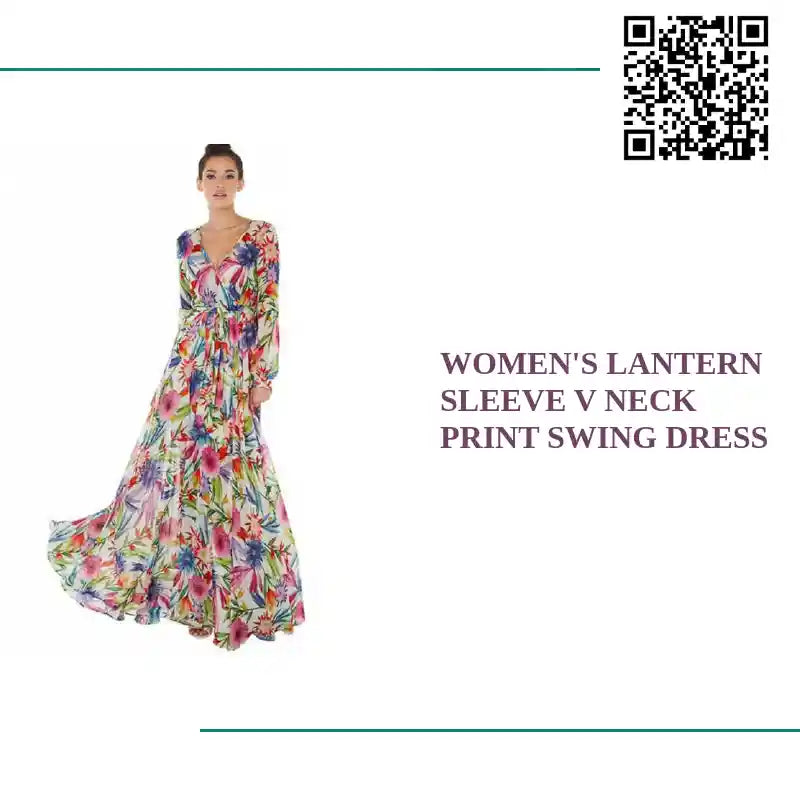 Women&#039;s Lantern Sleeve V Neck Print Swing Dress by@Outfy