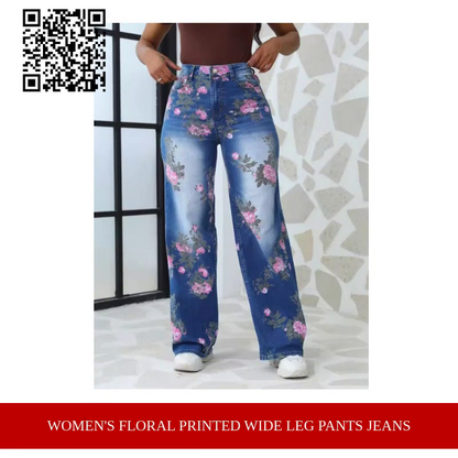 Women&#039;s Floral Printed Wide Leg Pants Jeans by@Outfy