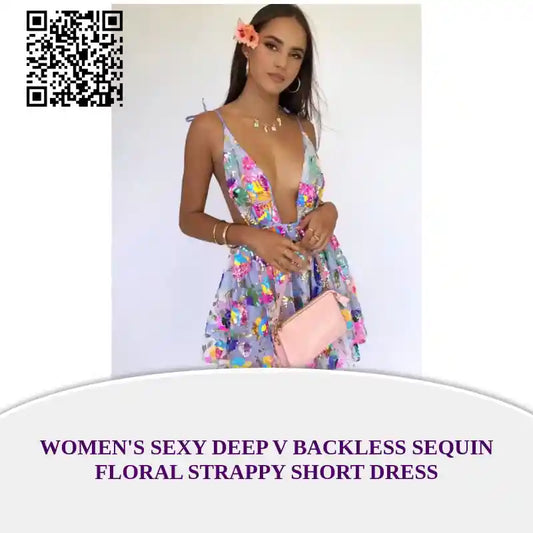 Women&#039;s Sexy Deep V Backless Sequin Floral Strappy Short Dress by@Outfy