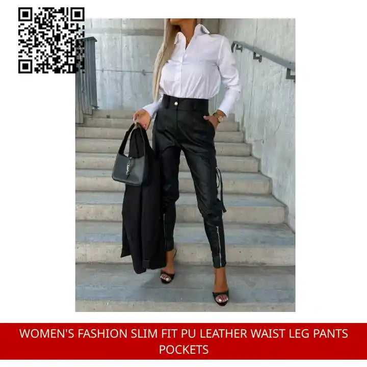 Women&#039;s Fashion Slim Fit PU Leather Waist Leg Pants Pockets by@Outfy