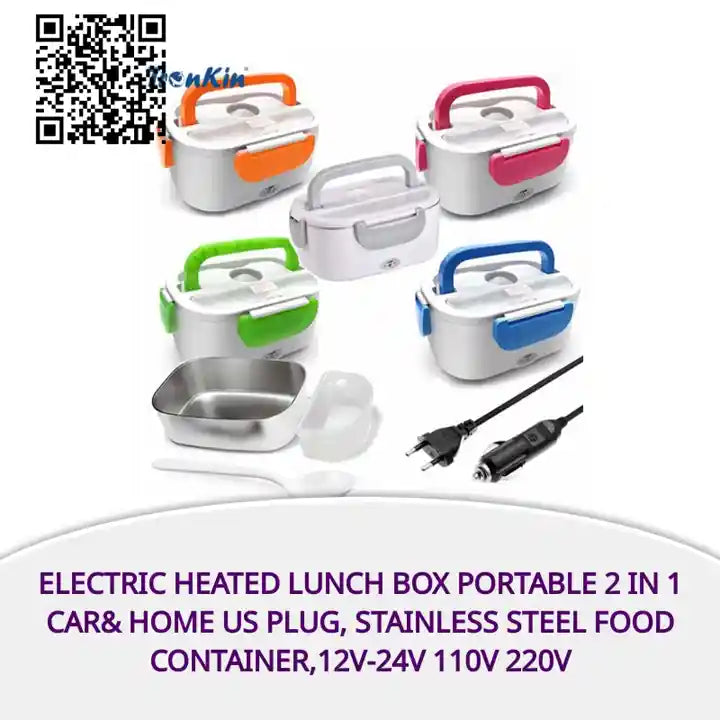 Electric Heated Lunch Box Portable 2 in 1 Car&amp; Home US Plug, Stainless Steel Food Container,12V-24V 110V 220V by@Outfy