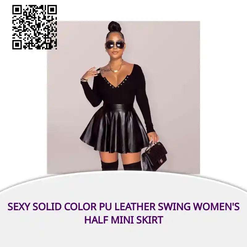 Sexy solid color PU leather swing women&#039;s half mini skirt by@Outfy