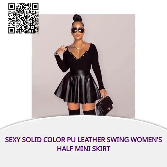 Sexy solid color PU leather swing women&#039;s half mini skirt by@Outfy