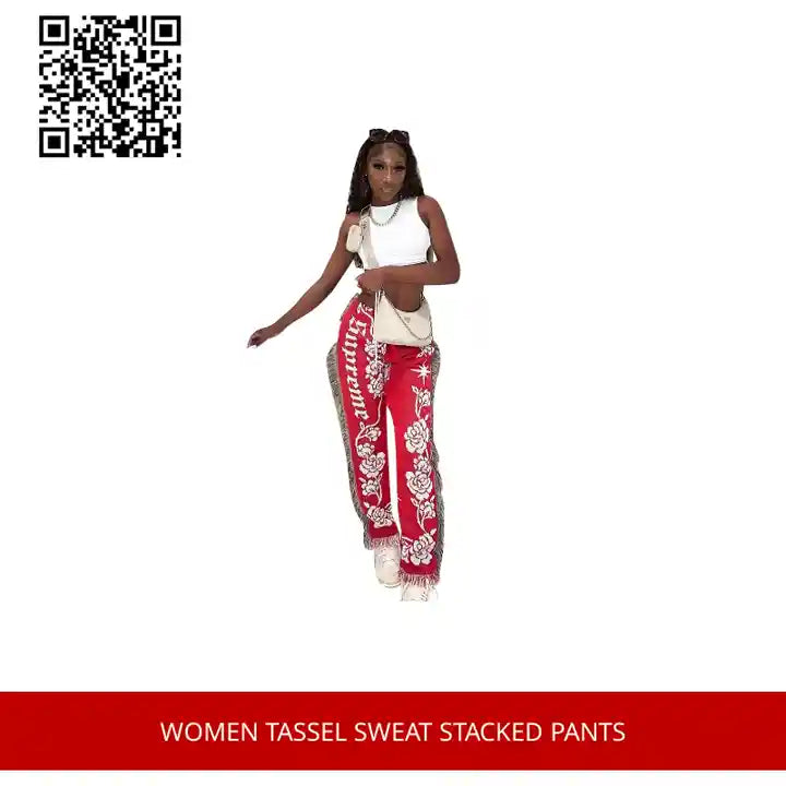 Women Tassel Sweat Stacked Pants by@Outfy