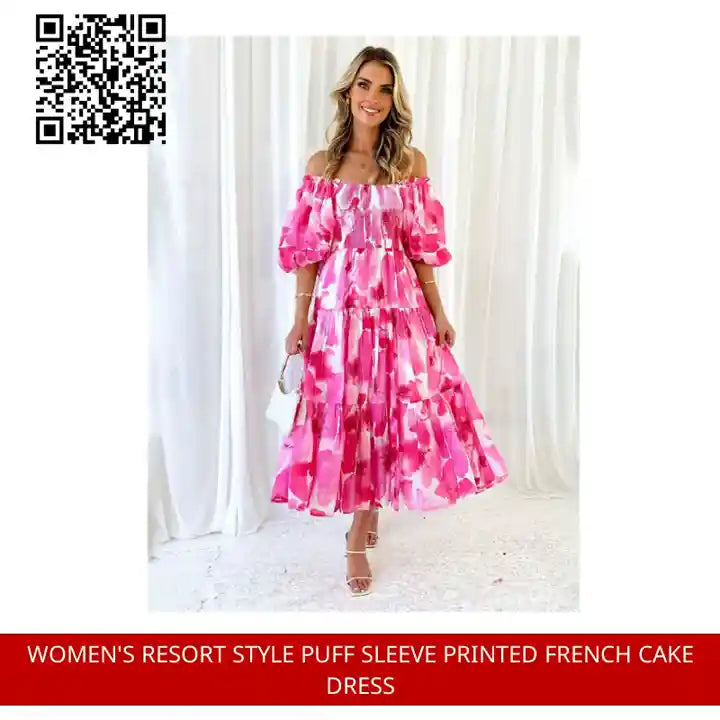 Women&#039;s Resort Style Puff Sleeve Printed French Cake Dress by@Outfy